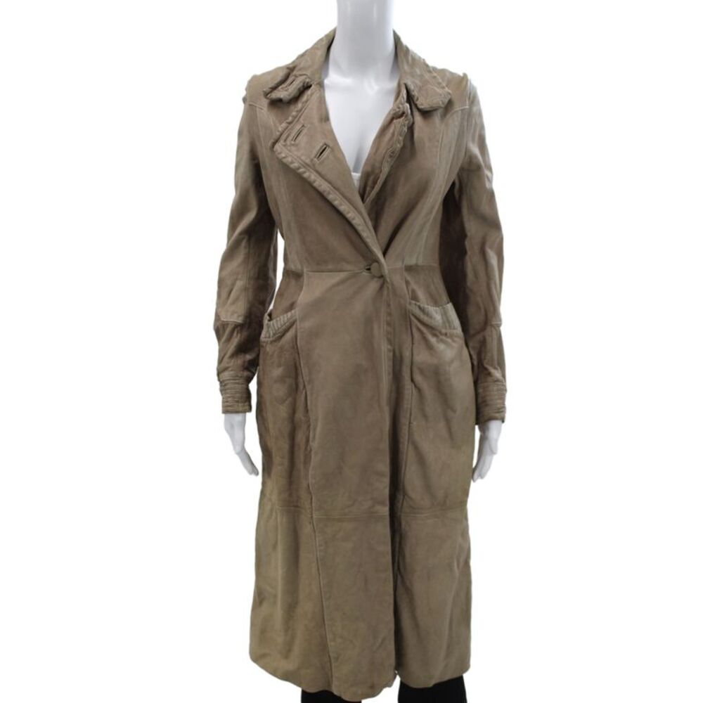 Marni Women Leather Overcoat Beige Button Long Sleeve Size 40